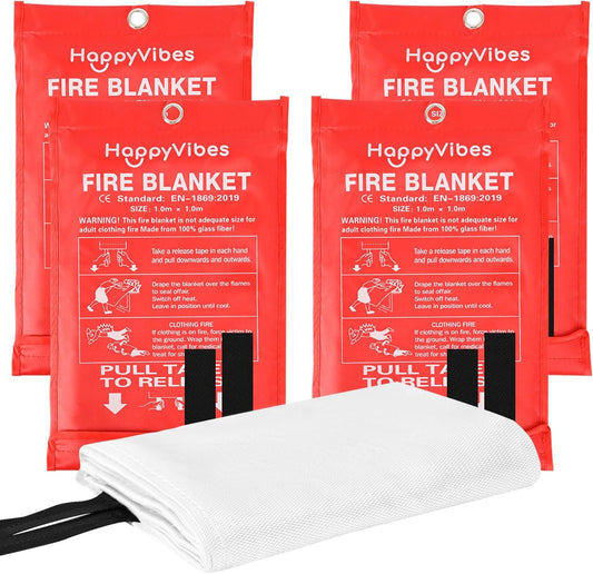 HappyVibes Emergency Fire Blanket for Home - 4 Pack Fiberglass Fire Extinguishing Blanket 40x40 Inches - Fire Blankets Emergency for Home, Kitchen, School, Office, Car, and Grill