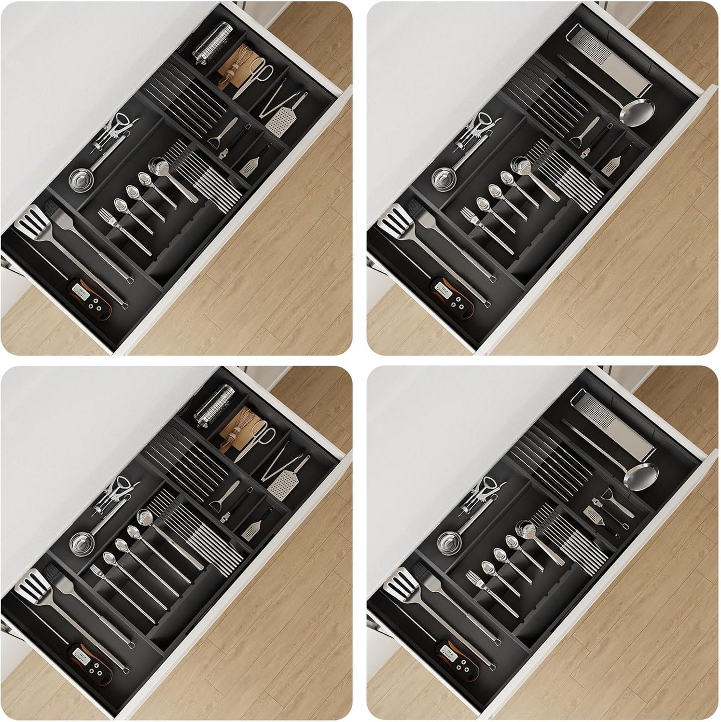 Landmok Large Bamboo Cutlery Organizer, 17.7-29.5 Inch Expandable Utensil Drawer Organizer, 8-Slot Kitchen Drawer Organizer with Removable Card Slots & Knife Block for Spoons Butter Knives, Black