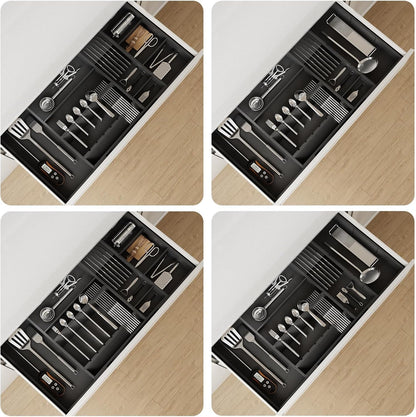Landmok Large Bamboo Cutlery Organizer, 17.7-29.5 Inch Expandable Utensil Drawer Organizer, 8-Slot Kitchen Drawer Organizer with Removable Card Slots & Knife Block for Spoons Butter Knives, Black