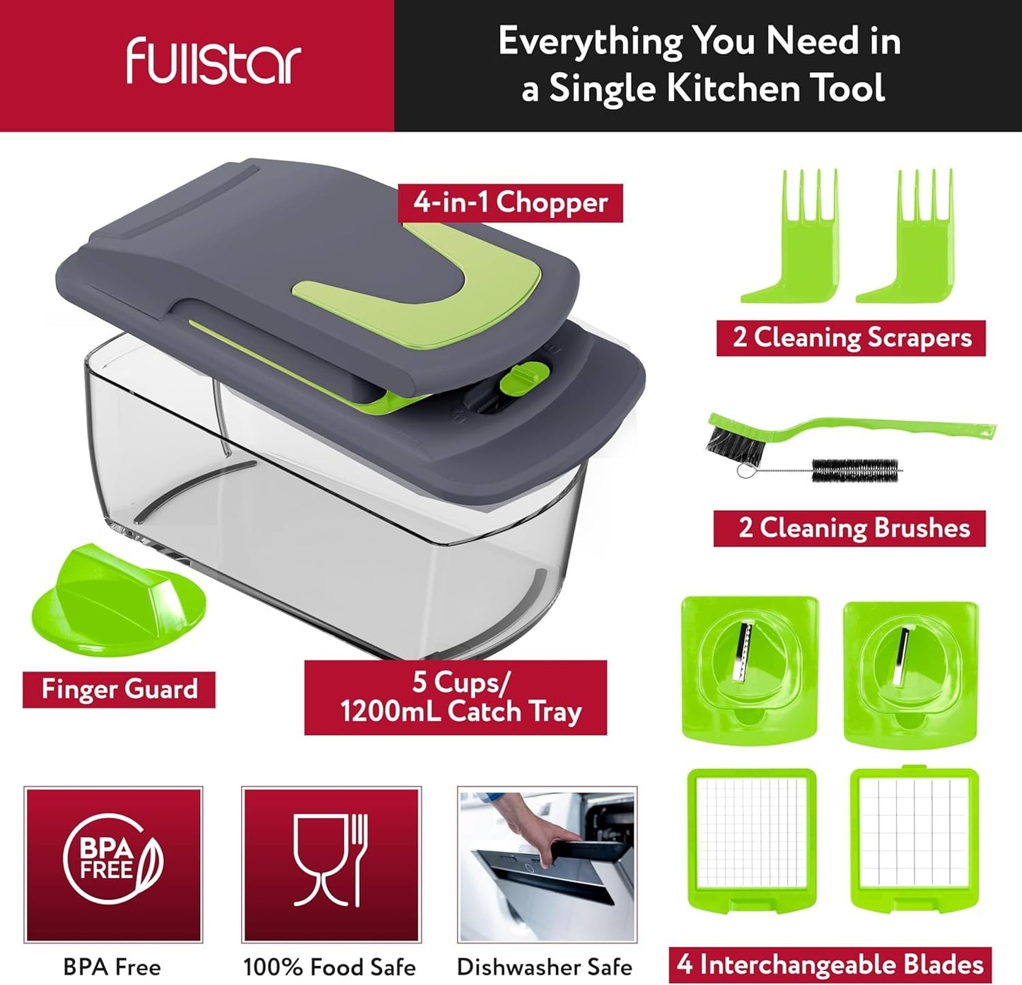 fullstar Vegetable Chopper Cutter - Spiralizer Slicer Dicer Onion Food Veggie Potato Fry Kitchen Gadgets Tools Slicer, Gray/Green, 7 in 1,(FSCH0116)