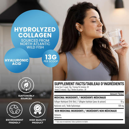 NOVA PHARMA Marine Collagen Powder with Hyaluronic Acid - Hydrolyzed Collagen Peptides Protein Powder Supplement for Anti-Aging, Skin Health, Nail & Hair Growth, 30 Servings (No Flavor)