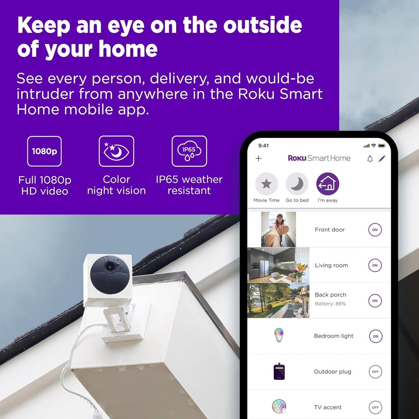 Roku Outdoor Camera for Home Security - IP65 Weather Resistance Wireless Security Camera with 1080p HD Night Vision, Compatible with Alexa & Google, Motion Detection White (Renewed)