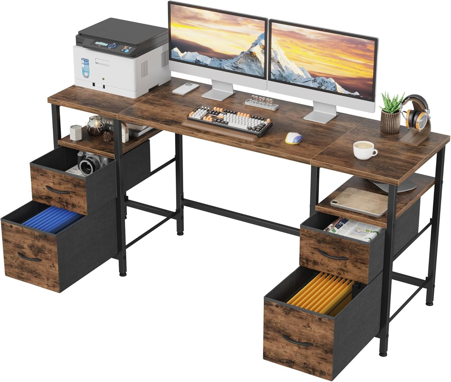 YAOHUOO Computer Desk with 4 Fabric Drawers Organizer - 63"/160 Office Desks with File Drawer Organization, PC Work Desk Study Writing Table Workstation for Home Office Space Rustic Brown