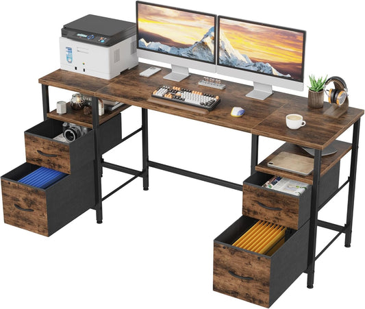 YAOHUOO Computer Desk with 4 Fabric Drawers Organizer - 63"/160 Office Desks with File Drawer Organization, PC Work Desk Study Writing Table Workstation for Home Office Space Rustic Brown