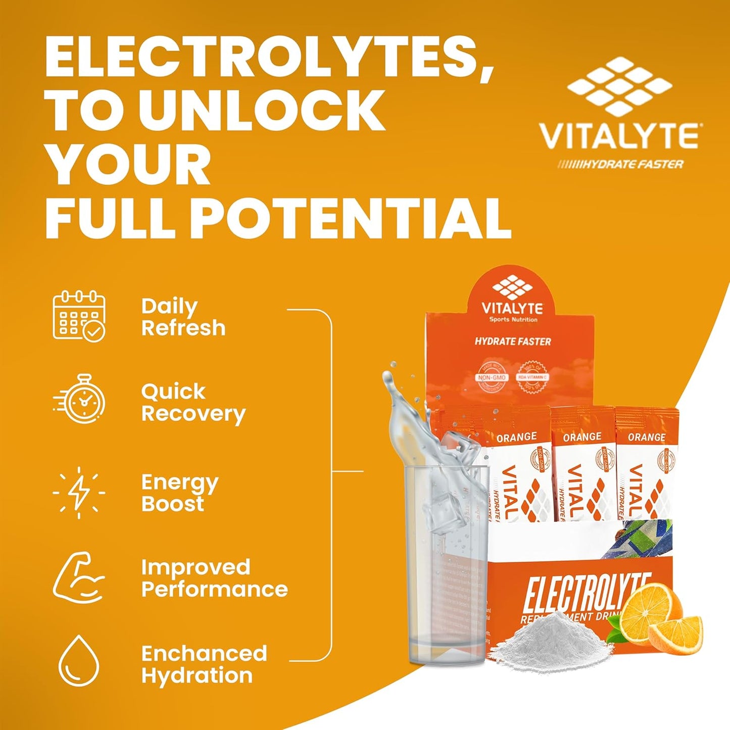 Vitalyte Electrolyte Powder Sports Drink Mix, 25 Single Serving Packets, Natural Electrolyte Replacement Supplement for Rapid Hydration & Energy - Orange