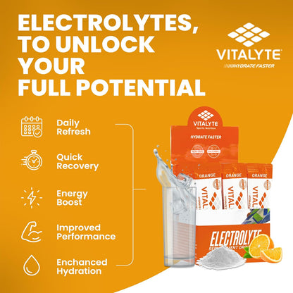 Vitalyte Electrolyte Powder Sports Drink Mix, 25 Single Serving Packets, Natural Electrolyte Replacement Supplement for Rapid Hydration & Energy - Orange