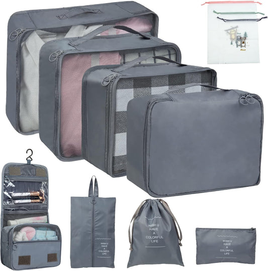 11 Pieces Travel Organizer Suitcase Set, Packing Cubes, Travel Organizer for Space-Saving Suitcases for Clothes Shoes Underwear Cosmetics (Grey)