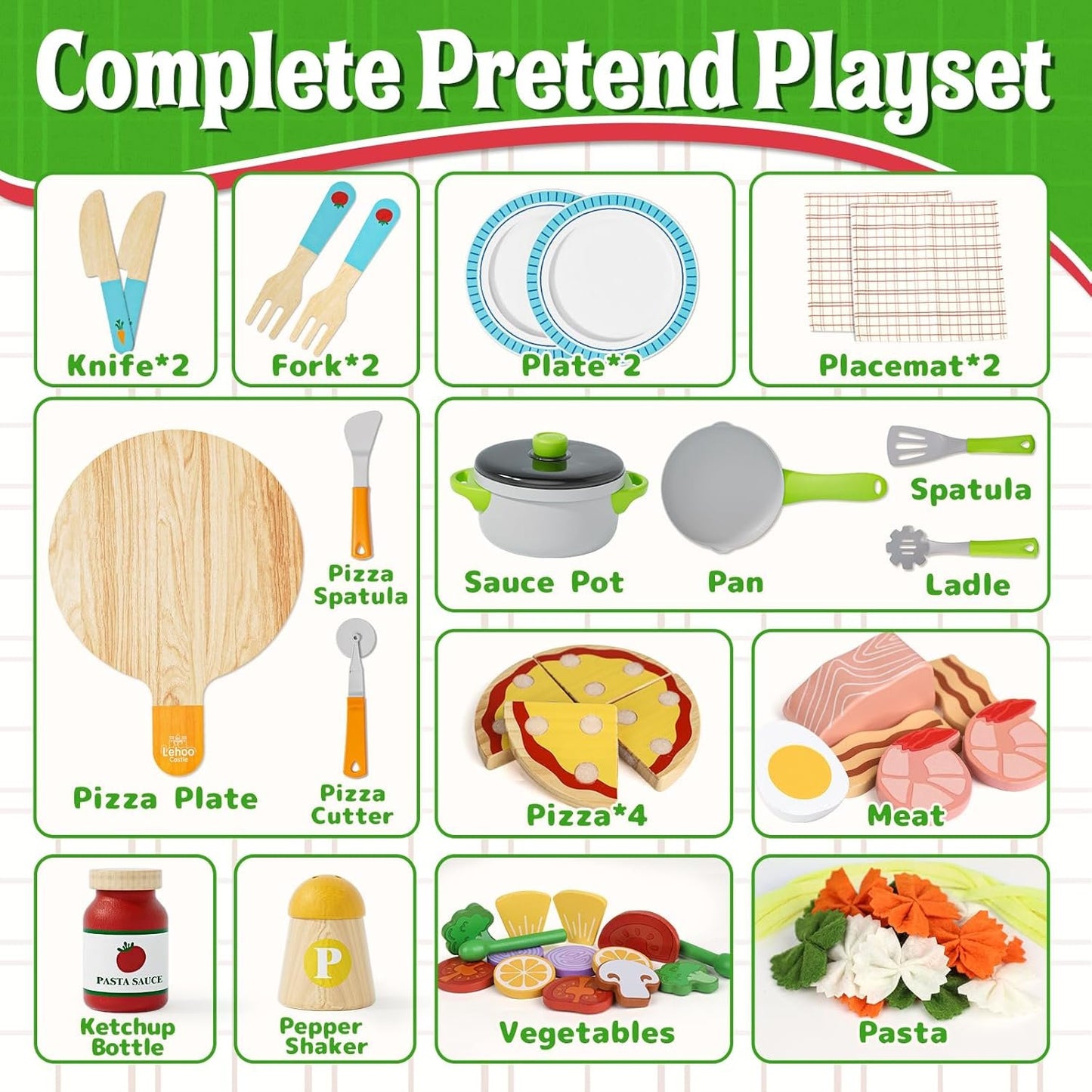 Lehoo Castle Wooden Play Food Kitchen Toys, Play Kitchen Accessories with Pot & Pan, Pizza Pasta Pretend Play Toy Food, Educational Learning Toy Gift for Toddlers 3+