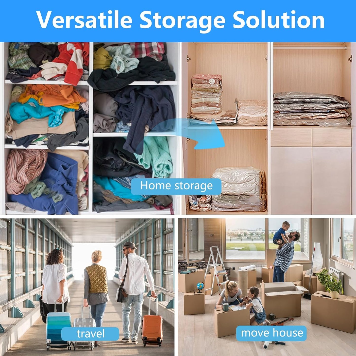 8 Pieces Vacuum Bags Clothes with Electric Pump, 2 Jumbo, 3 Large, 3 Medium, Vacuum Bags for Blankets, Duvets, Pillows, Quilts, Travel, Moving