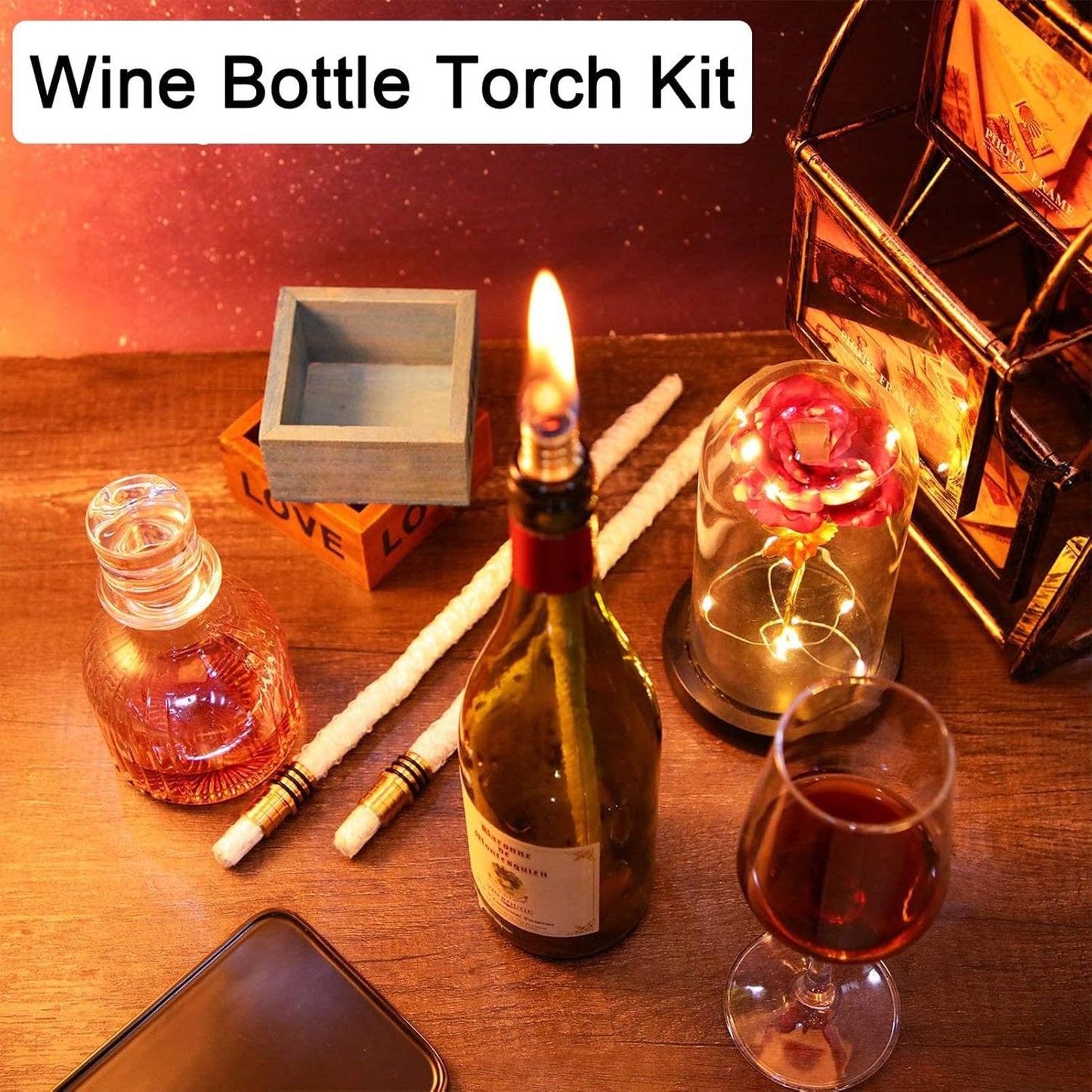 Brass Torch Wick Kit – Oil Lamp Replacement Set with 8 Long-Lasting Wicks, Copper Cap & Brass Mount | Wine Bottle Torch Hardware for Patio, Garden, Tabletop Lighting and Outdoor Ambience