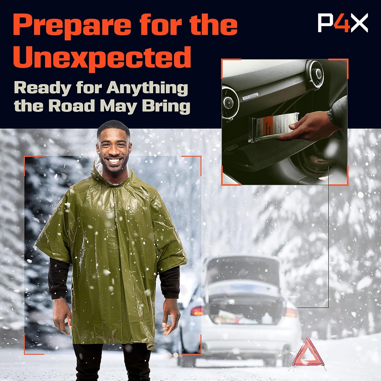 PREPARED4X Emergency Rain Poncho with Mylar Blanket Liner - Survival Blankets for Car - Heavy Duty, Waterproof Camping Gear, Tactical Prepper Supplies–