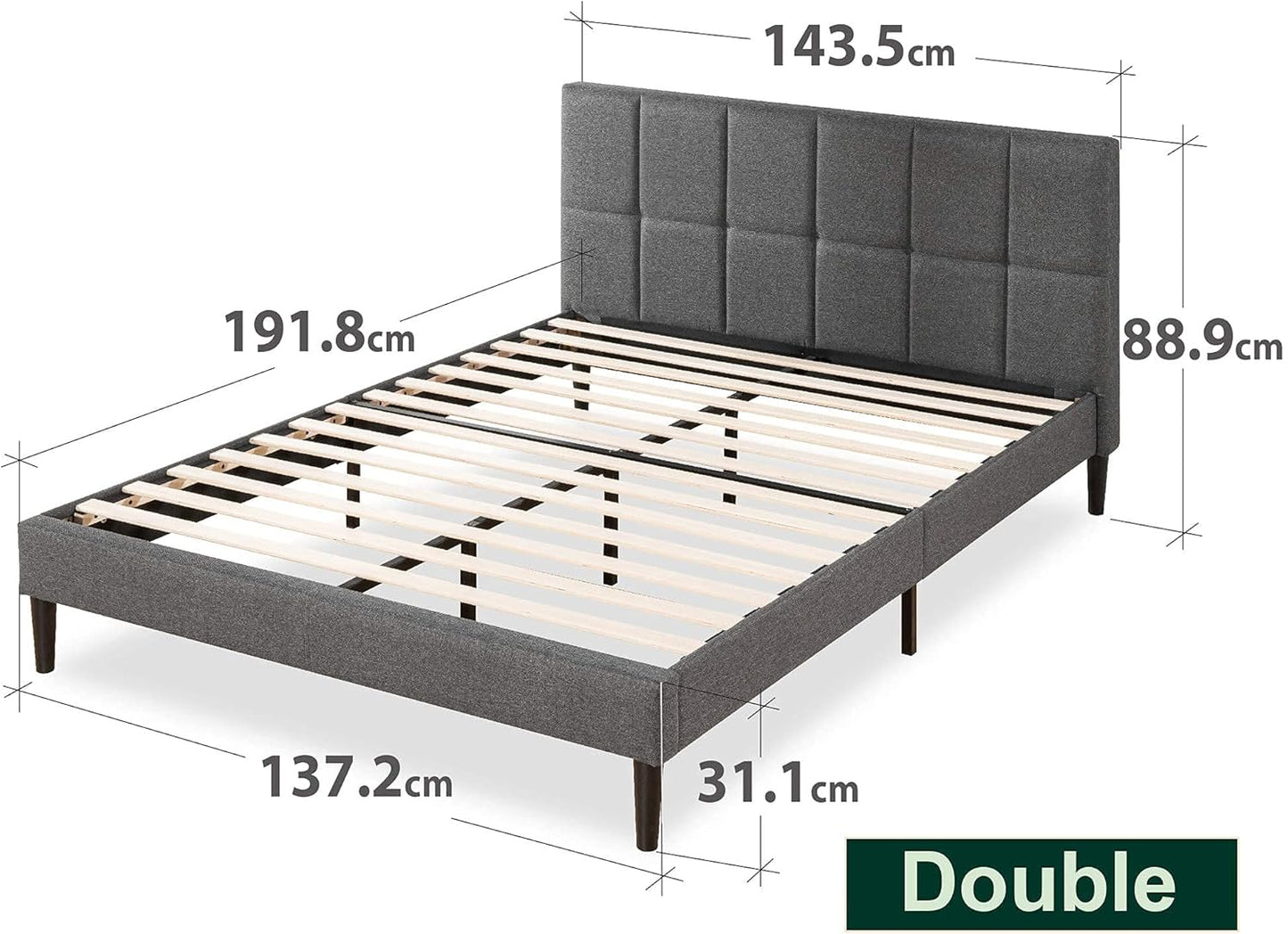 Zinus Lottie Double Bed Frame Platform /y/Classic Square Stitched Fabric Beds/Solid Wood Slats/Bedroom Furniture