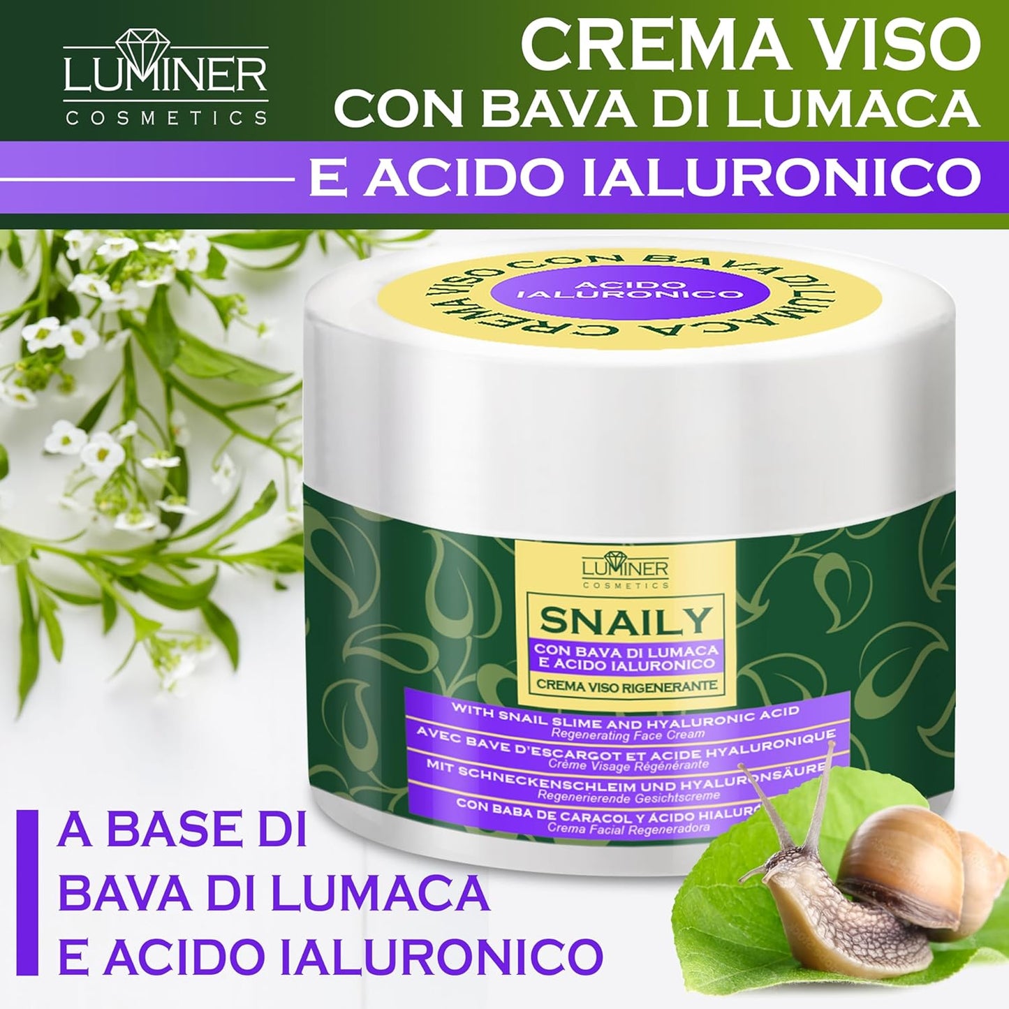 Snail Slime Face Cream, 300 ml, Anti-Wrinkle Moisturizing Face Cream with 70% Snail Slime and Pure Hyaluronic Acid, Natural Formula with Anti-Stain and Anti-Aging Action with Vitamin C LUMINER