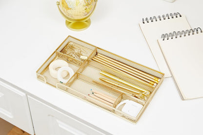 Annova Desk Drawer Organizer Tray for Office Organization - Metal Mesh - Storage Tray with Dividers for Pens, Desktop Accessories, Bathroom, Kitchen, Makeup and Office Supplies (Gold)