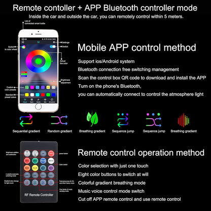TABEN Car Ambient Light USB RGB Remote Control + App Control Decorative Light Lamp DIY Refit Flexible Fibreglass Tube 64 Colours Interior Lighting Atmosphere Light 1W DC 12V 3m