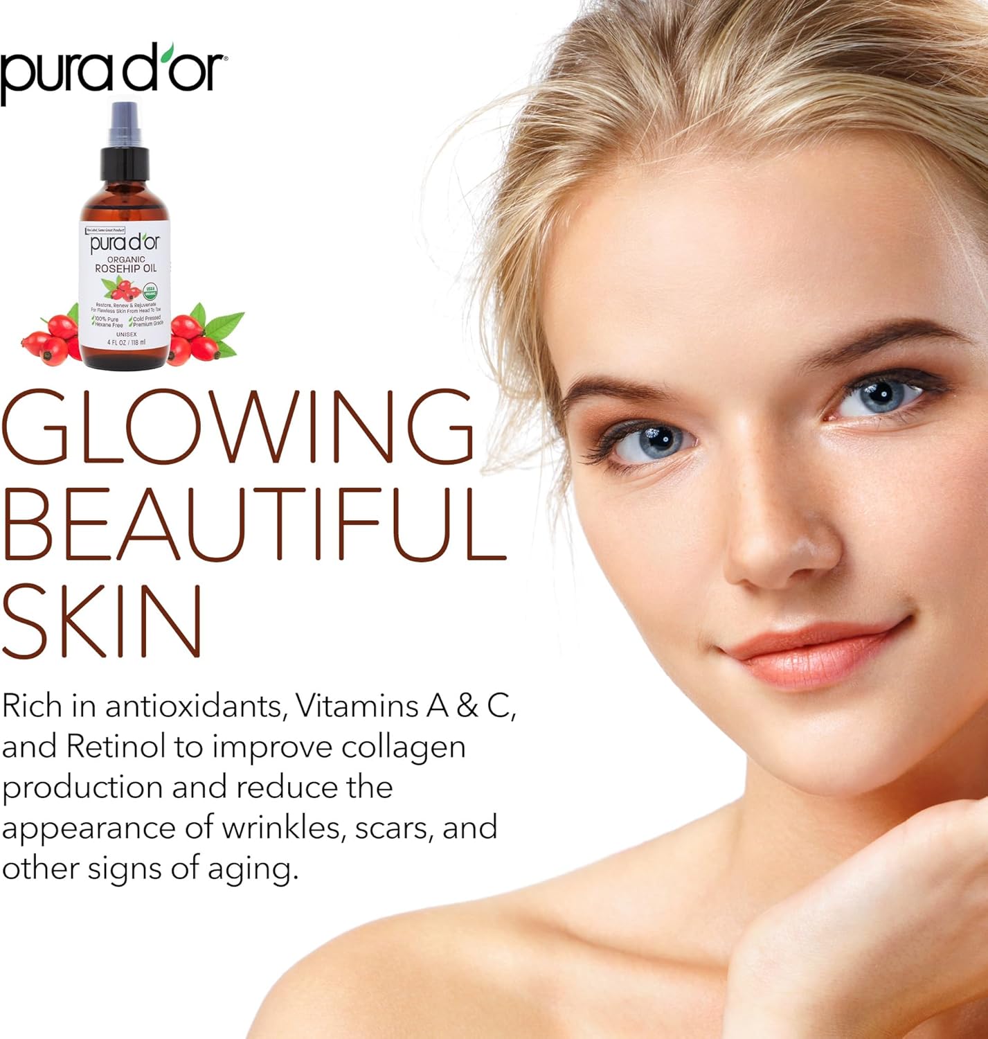 PURA D'OR ORGANIC Rosehip Seed Oil 4 Oz (118 ml) - 100% Pure Cold Pressed USDA Certified, Natural Moisturizer for Face, Hair & Skin - Suitable for Women & Men