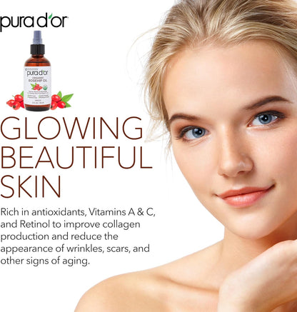 PURA D'OR ORGANIC Rosehip Seed Oil 4 Oz (118 ml) - 100% Pure Cold Pressed USDA Certified, Natural Moisturizer for Face, Hair & Skin - Suitable for Women & Men