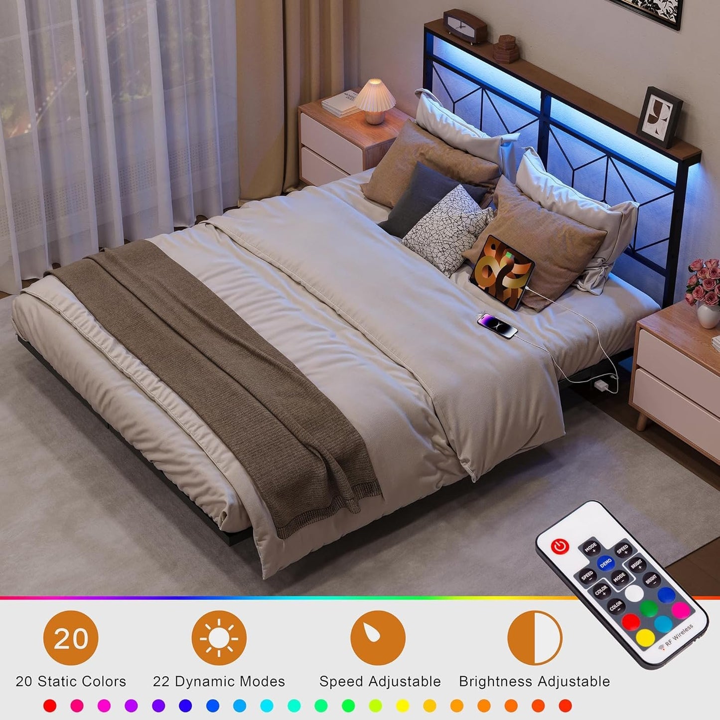 HAUSOURCE Twin Size Floating Bed Frame with Storage Headboard Metal Platform Bed Frame with LED Lights and Charging Station Easy Assembly No Box Spring Needed