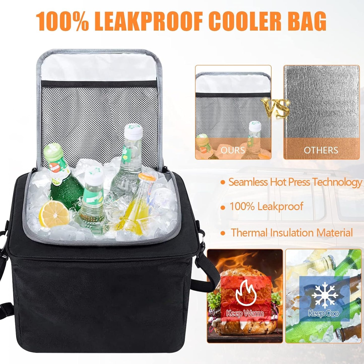 Trunk Organizer for Car, Foldable Car Storage Bag Portable With Built-in Leakproof Insulation Cooler Bag, 5 Compartments Vehicle Divider Heavy Duty Cargo Tote for SUV RV Lorry Truck Car Trip (T783)