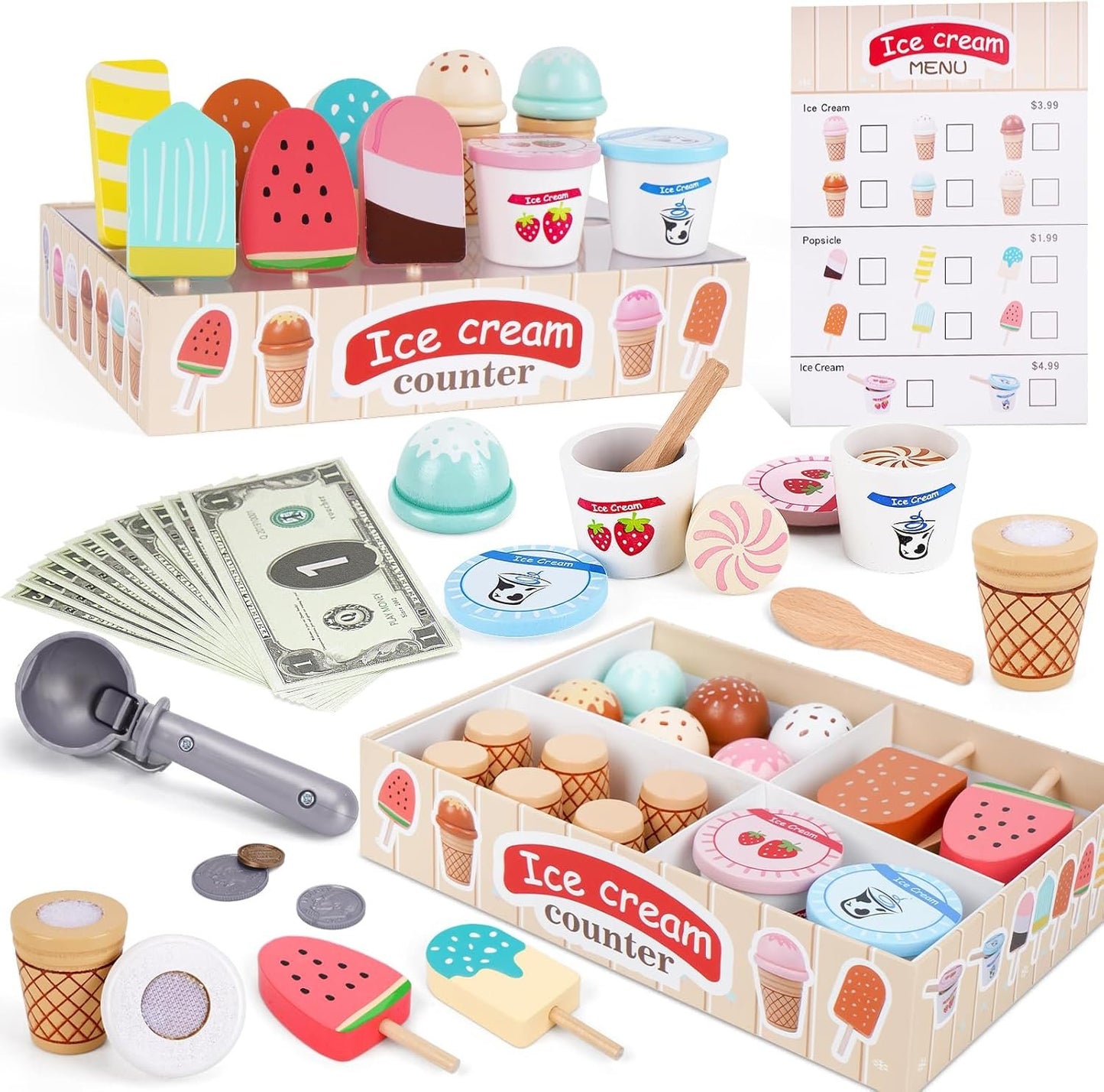 Wooden Ice Cream Toys for Toddlers 3-5, Kids Wooden Toys Play Kitchen Accessories, Play Food Sets for Kids Kitchen, Pretend Play Toys Gifts for 3 4 5 Year Old Girls Boys Birthday Christmas
