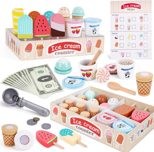 Wooden Ice Cream Toys for Toddlers 3-5, Kids Wooden Toys Play Kitchen Accessories, Play Food Sets for Kids Kitchen, Pretend Play Toys Gifts for 3 4 5 Year Old Girls Boys Birthday Christmas