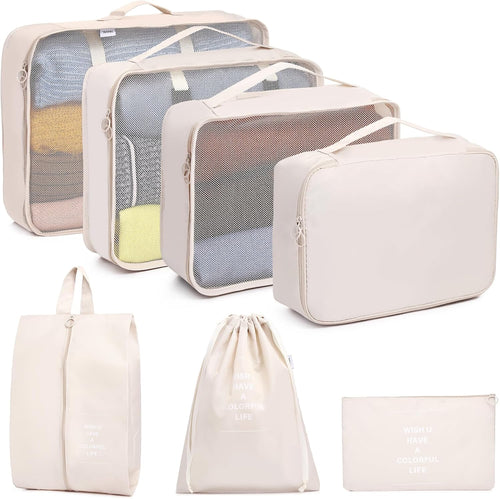 SUPERBE Luggage Organizer, Set of 7 Waterproof Packing Cubes for Travel, Shoes, Underwear - Travel Set (Beige)