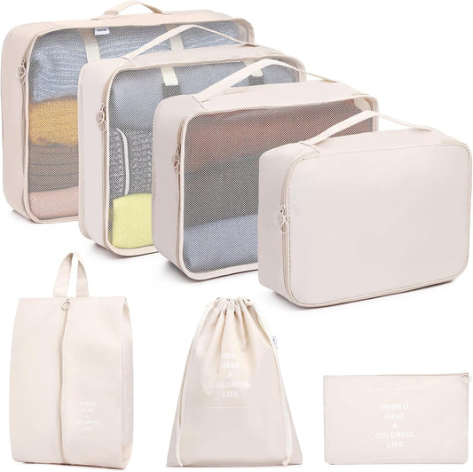 SUPERBE Luggage Organizer, Set of 7 Waterproof Packing Cubes for Travel, Shoes, Underwear - Travel Set (Beige)