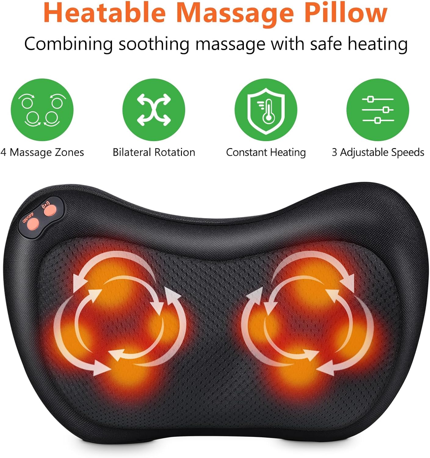 Electric Massage Pillows Shiatsu Massage Cushion for 3 Speeds with Change of Direction and 4 Massage Knots for Neck Muscle Relaxation Suitable for Home Office as Gift