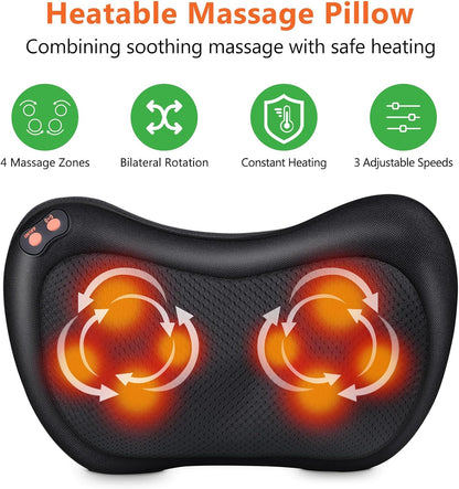 Electric Massage Pillows Shiatsu Massage Cushion for 3 Speeds with Change of Direction and 4 Massage Knots for Neck Muscle Relaxation Suitable for Home Office as Gift