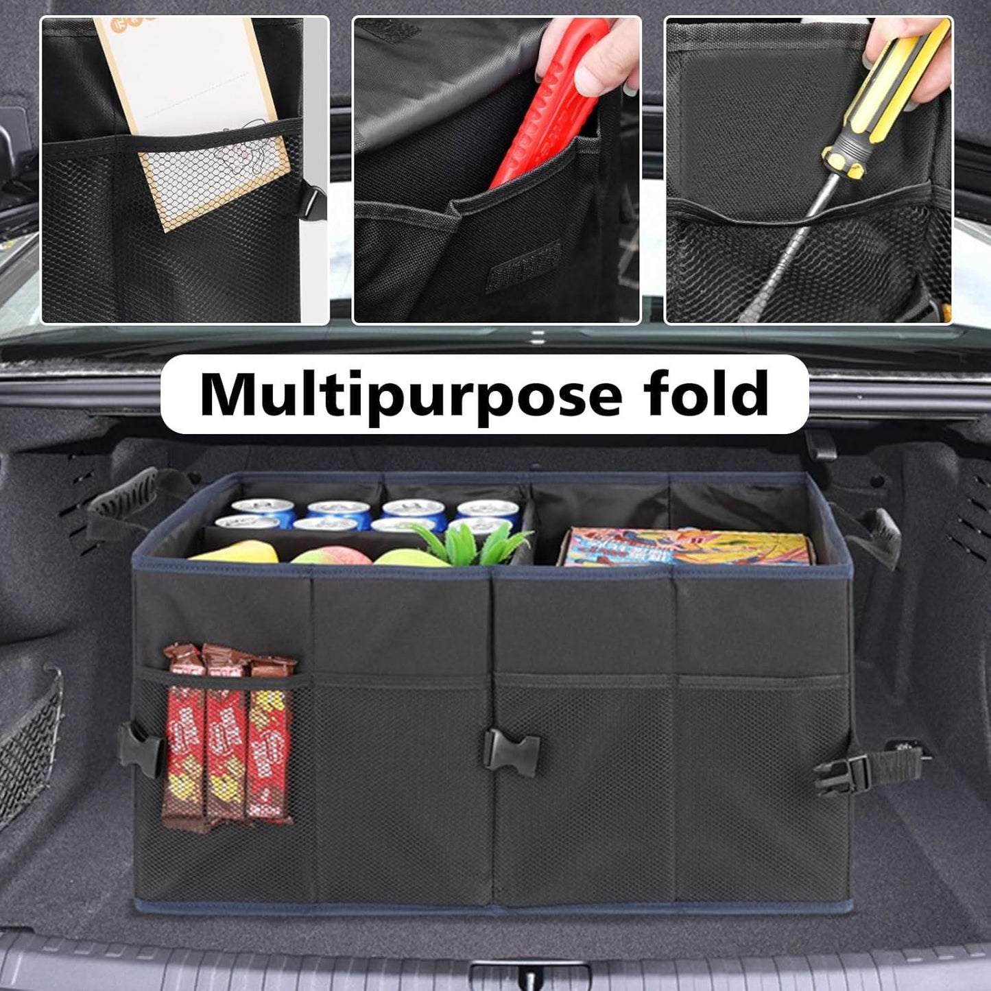 Car Trunk Foldable Multi-Compartment Car Organizer With Removal Lid Foldable Trunk Organizer For Suvs & Sedans Sturdy Car Organization For Car Accessories (Black)