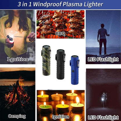 Electric Lighter (Rechargeable),3 in 1 Windproof Plasma Lighter with Tactical Flashlight & Compass,Portable Flameless Arc Lighters for Camping Hiking Outdoor Adventure Survival Tactical (Camouflage)