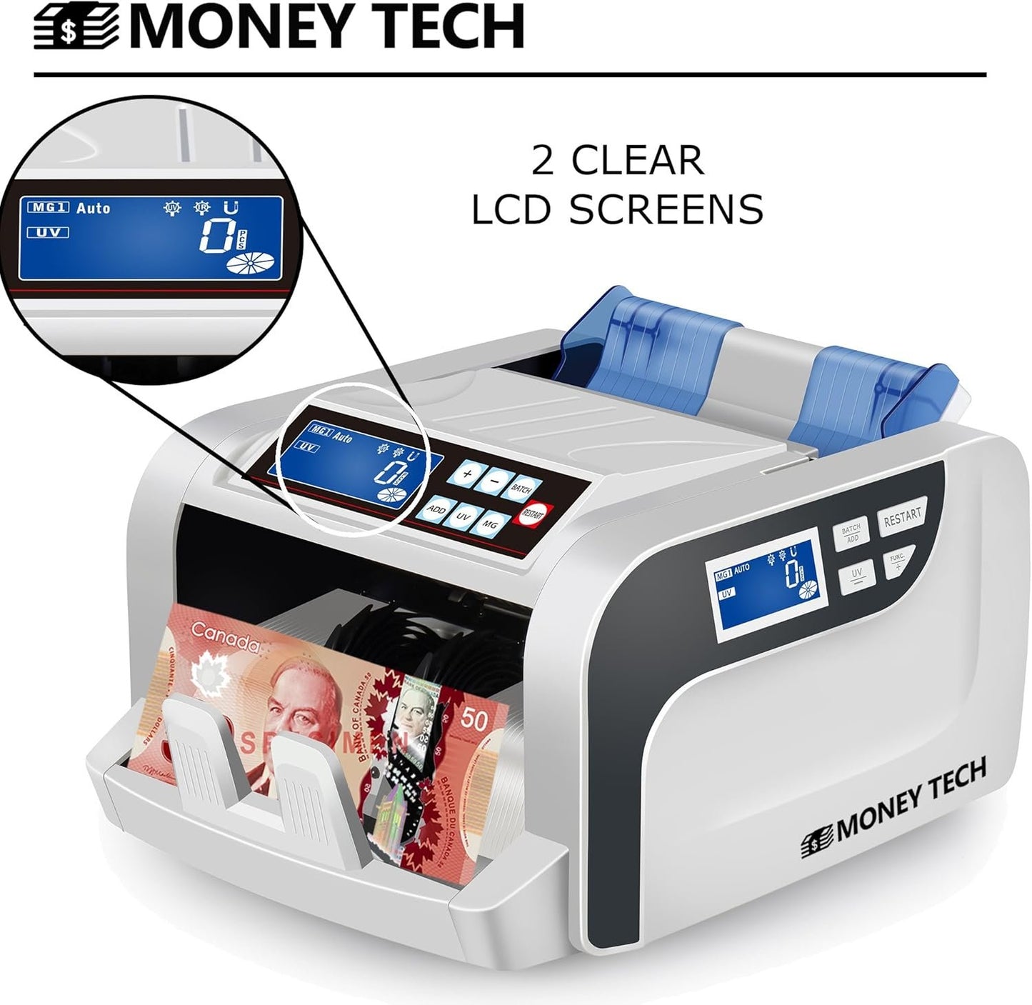Money Tech Professional Polymer & Paper Multi-Currency Bill Cash Counter. Canadian Plastic & USD Banknote Counting Machine with Counterfeit Detection and LCD Screens.