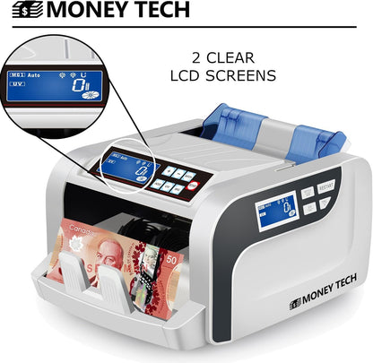 Money Tech Professional Polymer & Paper Multi-Currency Bill Cash Counter. Canadian Plastic & USD Banknote Counting Machine with Counterfeit Detection and LCD Screens.