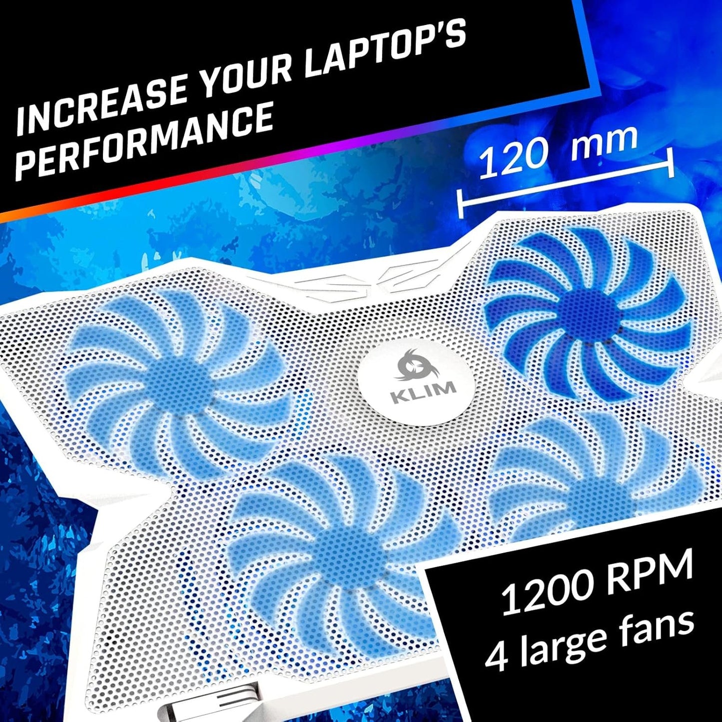 KLIM Wind Laptop Cooling Pad - More Than 500 000 Units Sold - New Version - The Most Powerful Rapid Action Cooling Fan - Laptop Stand with 4 Cooling Fans at 1200 RPM - USB Fan - PS5, PS4 - Full White