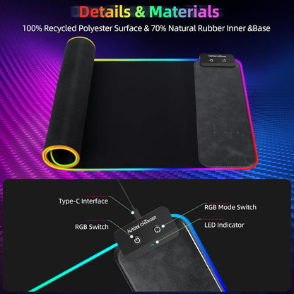 Wireless Future Charger Gaming Mouse Pad, 10W Wireless Charging, RGB with 9 LED Light Modes, 31.5"x11.8" Large Desk Mat, Non-Slip Rubber Base, Waterproof, Black