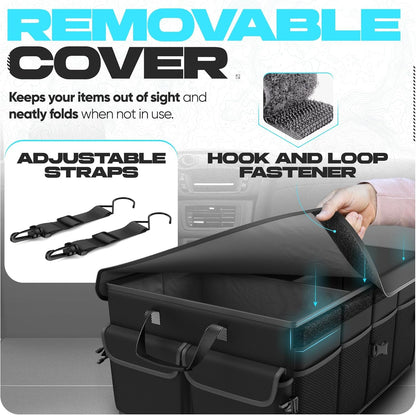 FORTEM Car Boot Organiser, Car Storage Organiser, Car Accessories, Collapsible Multi Compartment Car Organiser, Car Boot Tidy, Non Slip Bottom, Adjustable Securing Straps 50L (Black, Standard)