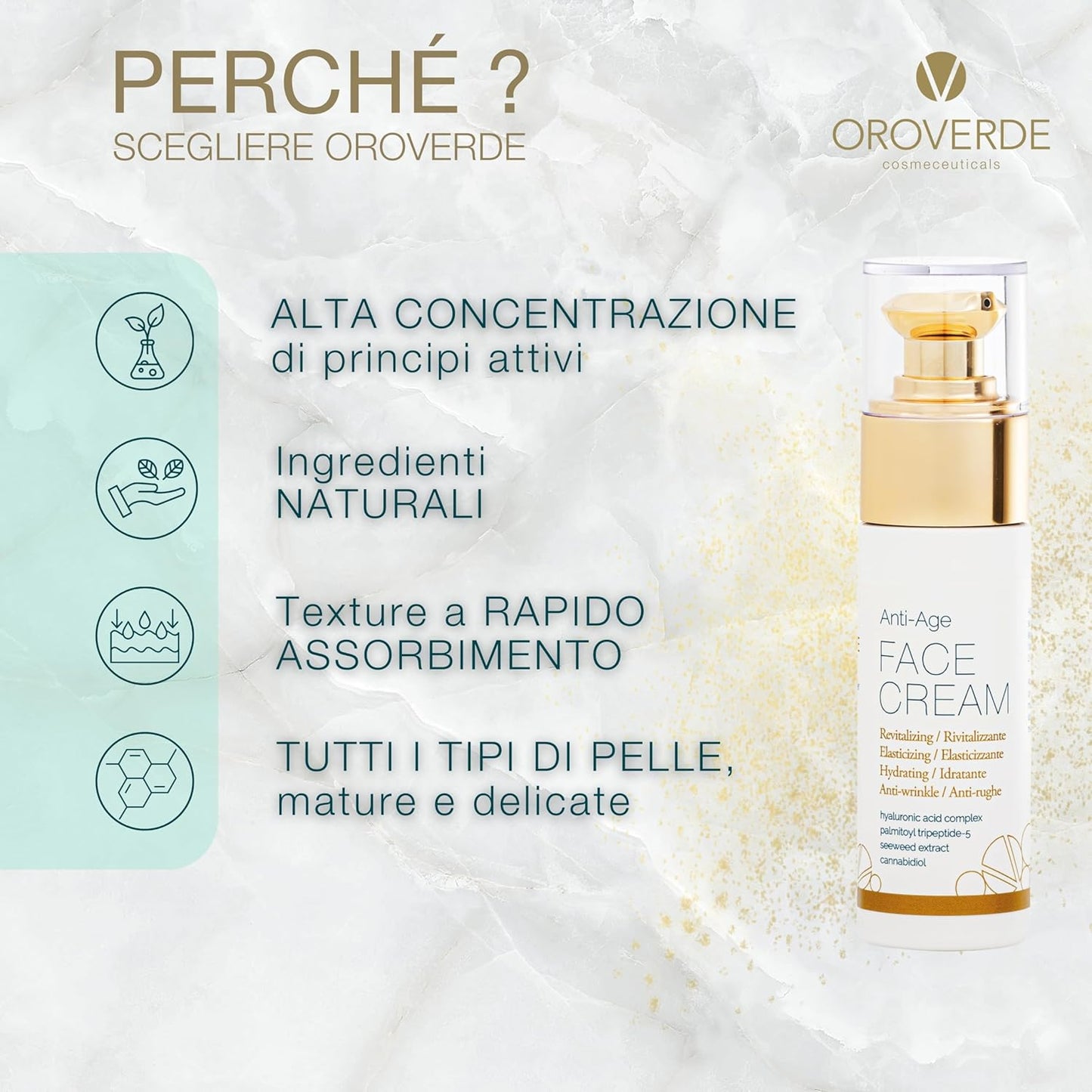 OROVERDE Anti-Age Face Cream 50 ml – Moisturizing Anti-Wrinkle Primer Effect Treatment – with Cannabidiol, Hyaluronic Acid and Organic Natural Ingredients – Luxury Skincare, Made in Italy