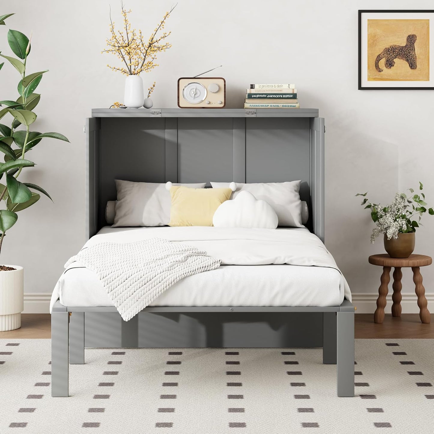 Wyibwy Wardrobe Bed 90 x 200 cm, Wall Mounted Bed with Slatted Frame, Folding Bed, Vertical Wardrobe Bed with Slatted Frame, Children's Bed, Single Bed, Space Saving Furniture, Grey