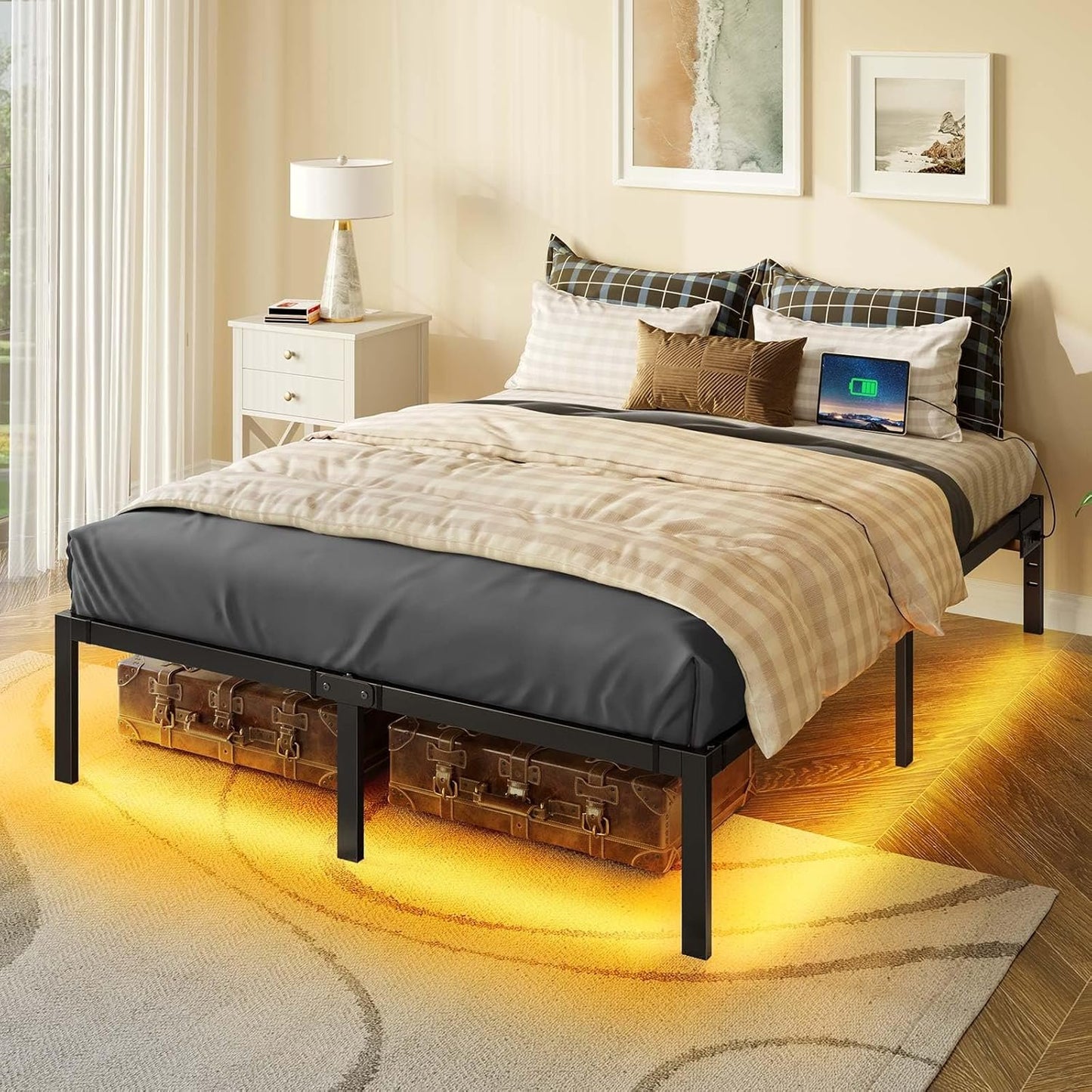 Rolanstar Bed Frame with USB Charging Station, Queen Bed Frame with LED Lights, Platform Bed Frame with Heavy Duty Steel Slats, 14" Storage Space Beneath Bed, No Box Spring Needed, Noise Free, Black
