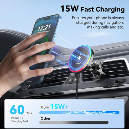 for Magsafe Car Mount Charger, 15W Magnetic Wireless Car Charger for iPhone, Magnetic Air Vent Car Holder Charger for iPhone 16 Pro Max/16/15/14 13 12/Samsung S25/S25+/Ultra, LED RGB Design