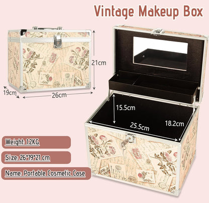 VNIMTI Portable Makeup Box, Vanity Case with Mirror, Cosmetic Storage Box with Trays, Makeup Box Organiser for Vanity, Travel Makeup Train Case (Retro Stamp - L)