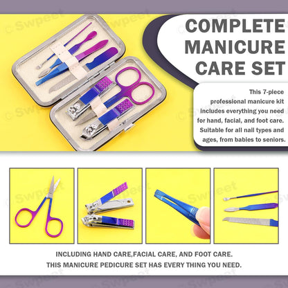 Swpeet 7Pcs Manicure Set Travel Nail Clipper Kit Stainless Steel Beauty Kit Luxurious Leather Travel Case Contains Nail Cleaner Clipper Scissors Tweezers Ear Pick Nail File for Personal Care, Colorful