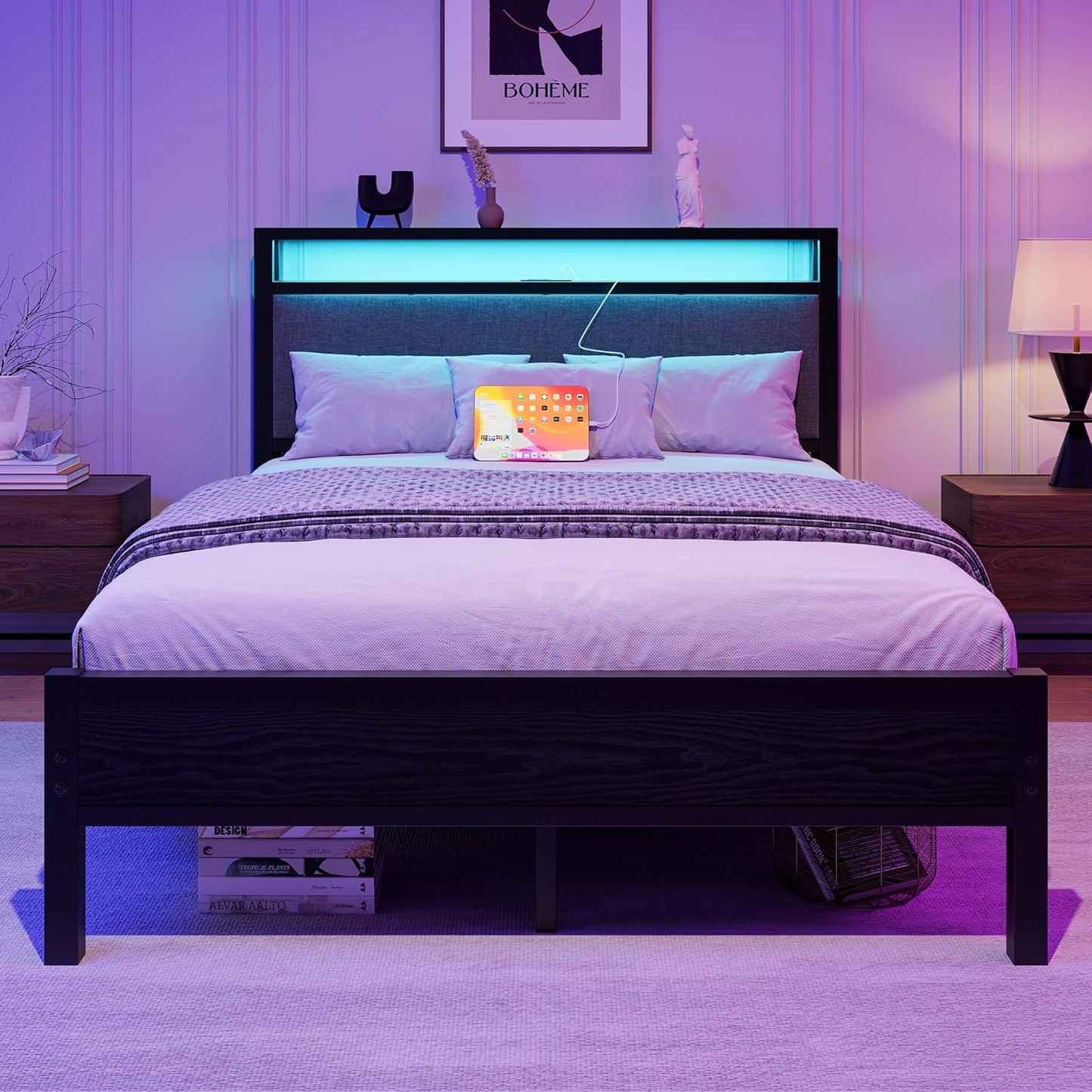 FOUBAM Full Size Bed Frame with LED Lights and Charging Station, Heavy Duty Metal Bed with Storage Fabric Headboard,Solid and Stable, Metal Slats Support,Mattress Foundation (Black)