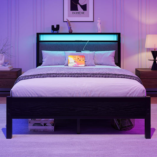 FOUBAM Full Size Bed Frame with LED Lights and Charging Station, Heavy Duty Metal Bed with Storage Fabric Headboard,Solid and Stable, Metal Slats Support,Mattress Foundation (Black)