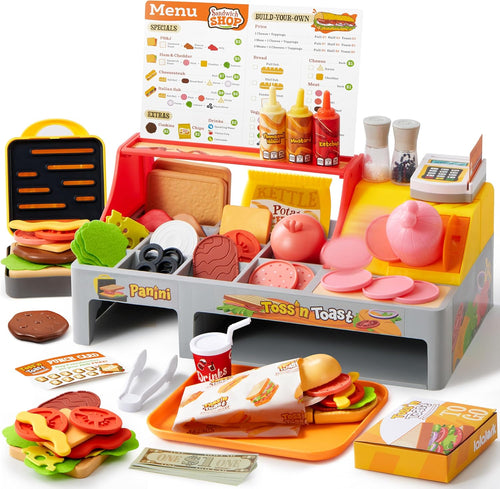 Pretend Play Food Toy for Kids Toddlers, Play Kitchen Accessories Include Sandwich Maker Toy with Slicer for Ham, Menu and Ingredients, Play Restaurant Food Toy for Girls Birthday Gift