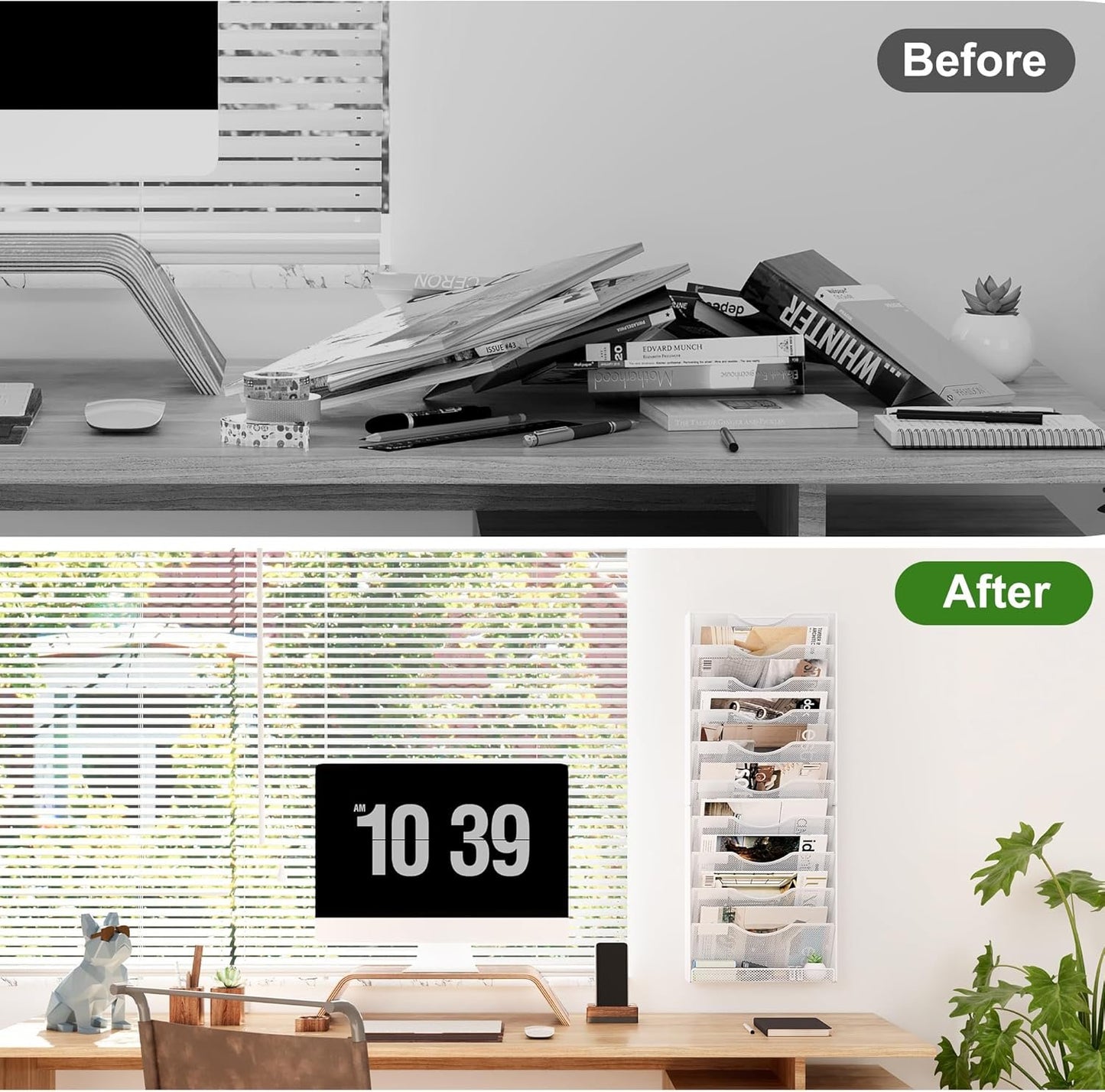 Solinxe Hanging Wall File Holder Organizer 10 Tier, Mesh Wall Mounted Magazine Document Paper Rack, Desk Organizer for Office Home Classroom Organization, White