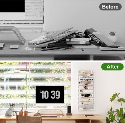 Solinxe Hanging Wall File Holder Organizer 10 Tier, Mesh Wall Mounted Magazine Document Paper Rack, Desk Organizer for Office Home Classroom Organization, White