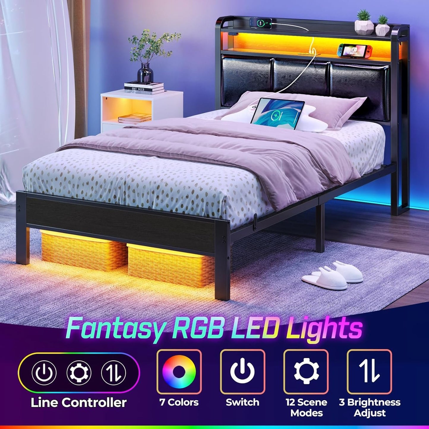 Rolanstar Bed Frame Twin Size with Charging Station and LED Lights, PU Leather Headboard with Storage Shelves, Heavy Duty Metal Slats, No Box Spring Needed, Single Bed, Easy Assembly, Black