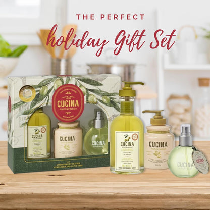 Fruits & Passion Cucina Kitchen Trio Holiday Gift Set - Hand Soap, Regenerating Hand Cream, and Fragrant Kitchen Mist with Olive Oil - 200ml, 150ml, 100ml - Festive Nourishment for Your Kitchen