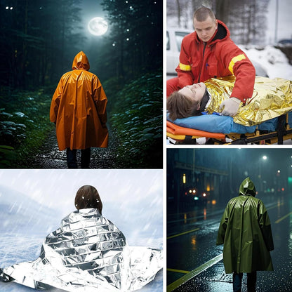 4X Survival Gear kit, Emergency Poncho (2pc), Emergency Space Blanket (2pc), Mylar Liner - Retains 92% Body Heat, for Outdoors, Hiking, Camping, Bug Out Bag, Marathons or First Aid, Car (Green)